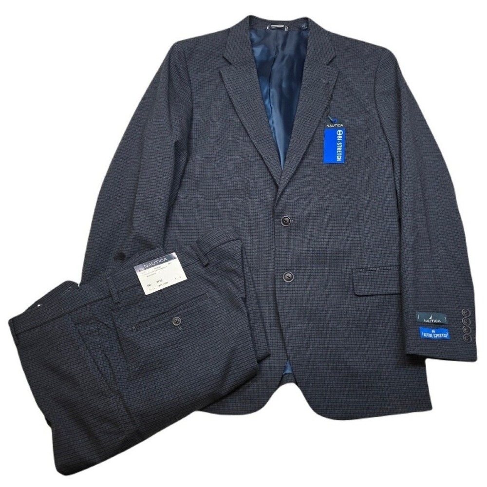 Nautica Suit Mens 44L 44 2 Piece Pants 38x32 Blue Check Plaid Active Stretch NEW